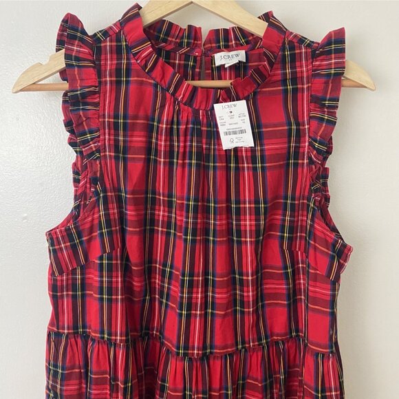 NWT J. Crew Red Tartan Plaid Tiered Ruffle Midi Dress - Picture 2 of 10